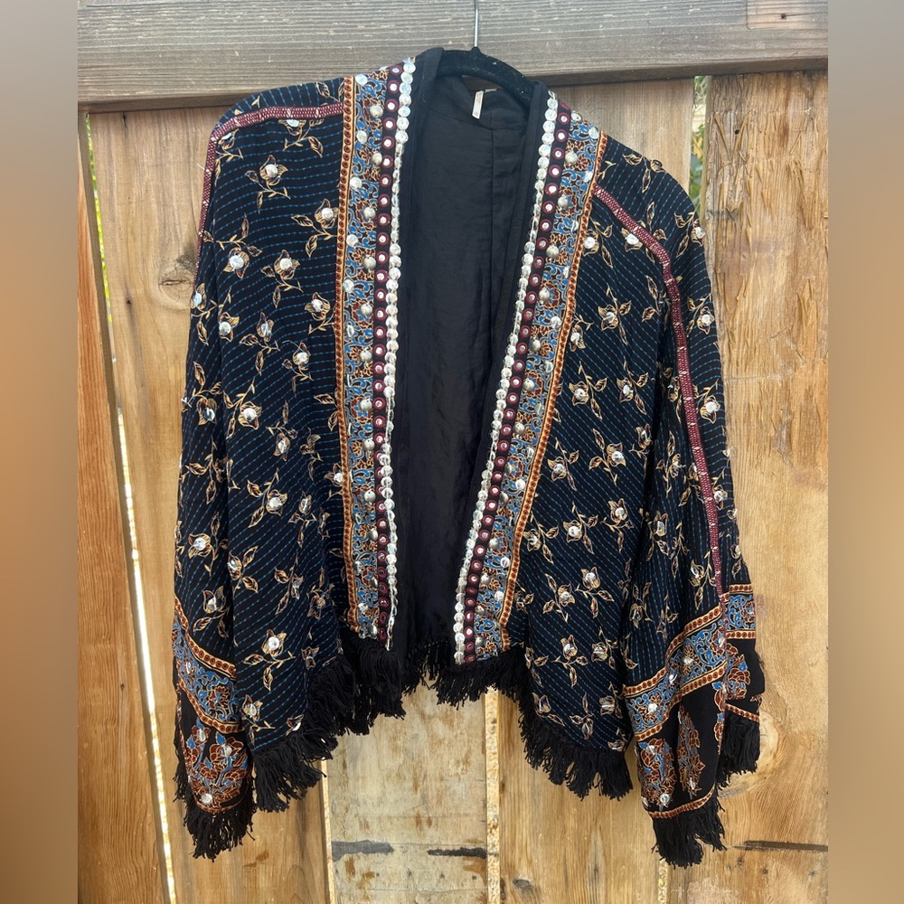Free People Black and Brown Embroidered Cardigan